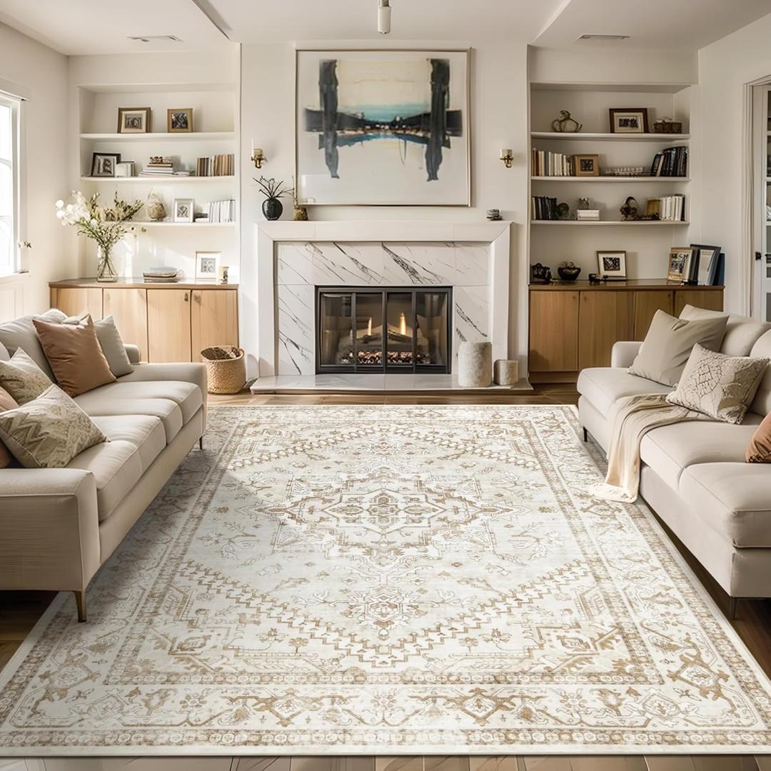 6x9 Area Rugs Washable Rug: Lagre Soft Living Room Rug Anti-Skid Indoor Floor Thin Carpet Vintage Stain Resistant Carpets for Bedroom Dining Room Farmhouse Nursery Office Beige