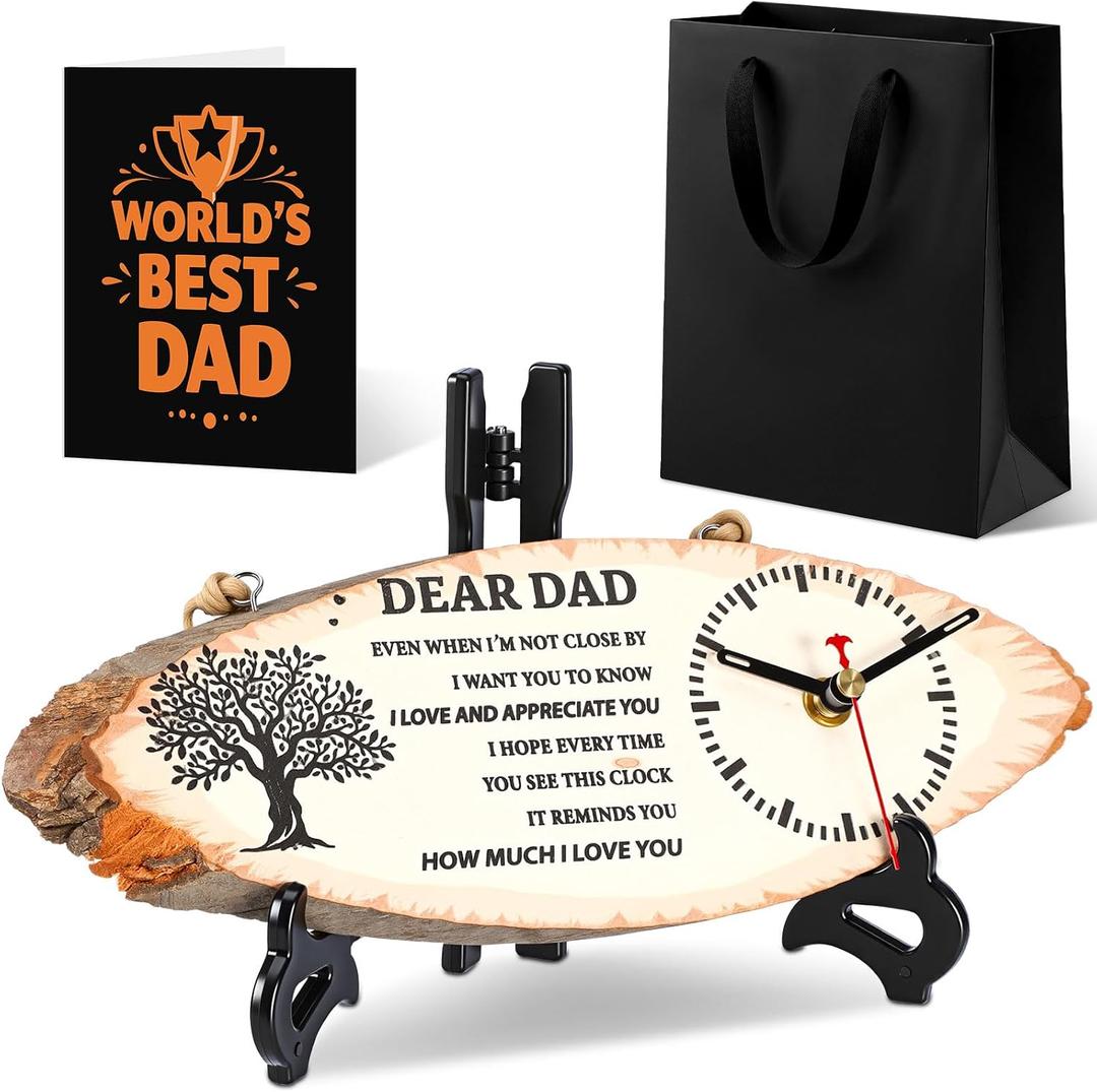 Kenning 3 Pcs Dad Gifts for Fathers Day from Daughter Son, Daddy Birthday Gifts Includes Wooden Clock, World's Best Dad Card and Black Gift Bag for Daddy Papa Fathers Day Present