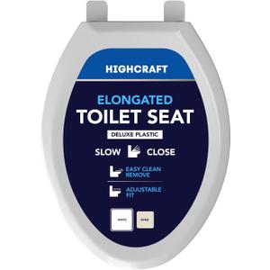 HIGHCRAFT Premium Elongated Toilet Seat with Slow-Close Design, Adjustable Hinges & Quick Removal Mechanism - Plastic Toilet Seat - Fits Standard Elongated Toilets - Oval Toilet Seat in White