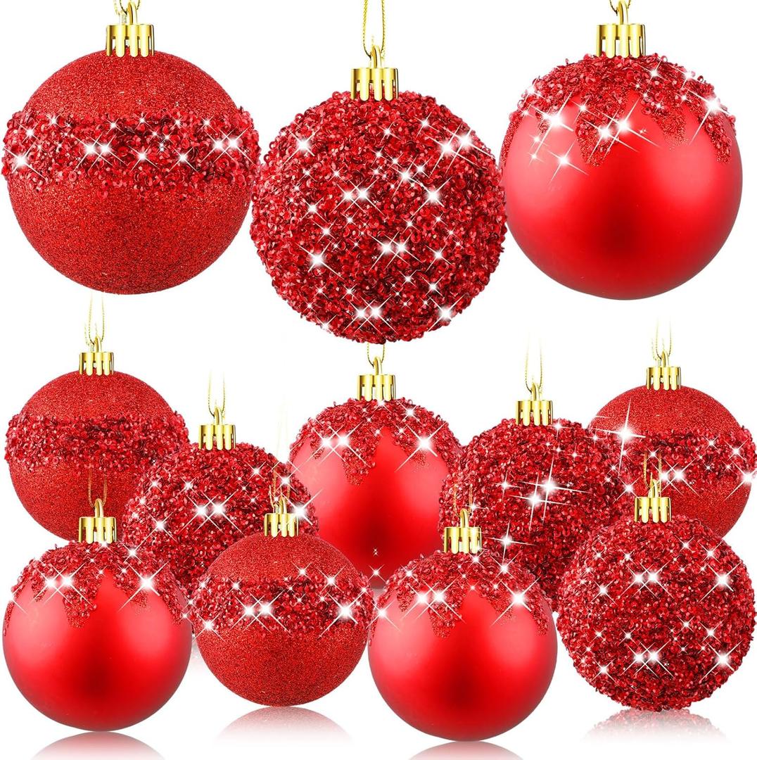 Syhood 12 Pieces Glitter Christmas Ball Ornaments Rhinestone Sequin Christmas Decorations Hanging Plastic Balls for Xmas Trees Wedding Party Holiday Decorations(3.15 Inch, Red)