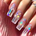 Press on Nails Medium Length Square Artificial Acrylic Fake Nail Pink Aurora Design Glossy Stick on Nail Full Cover Reusable Coffin Artificial Fingernails Glue on Nail for Women 24Pcs