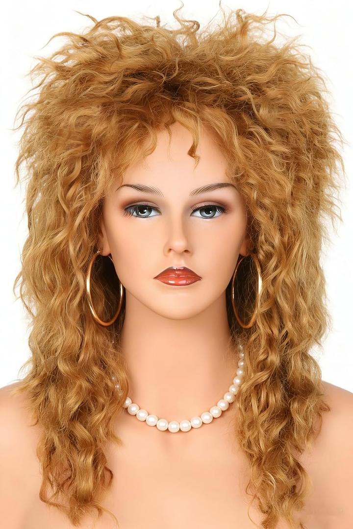 80s Rock Diva Wig Dirty Gold Fluffy Big Roll Mullet Wigs for Man or Woman Halloween Party Costume Cosplay Wig (11.01 x 7.87 x 1.97 inches)