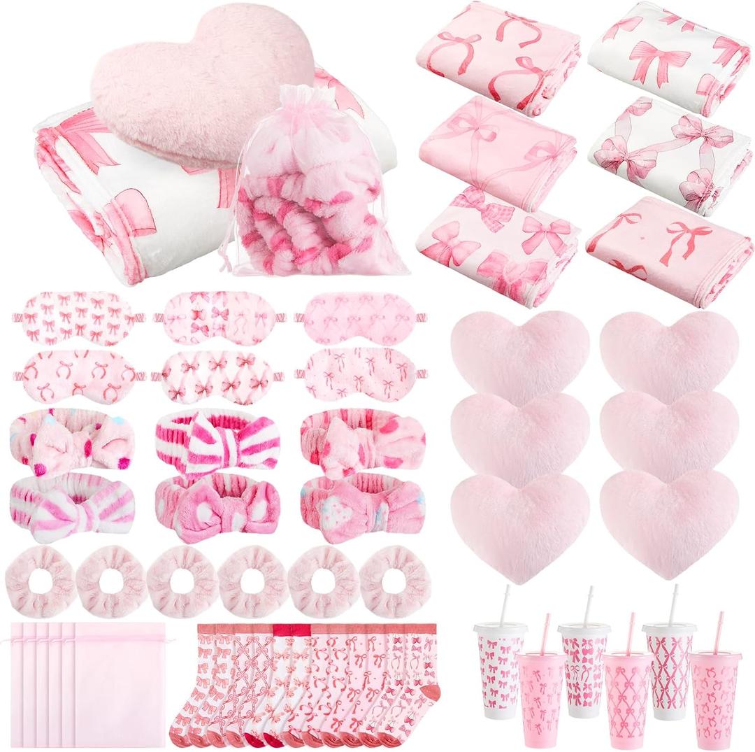 Fanfanwin 48 Pcs Sleepover Party Supplies Spa Birthday Slumber Pajamas Galentines Party Favors Coquette Throw Blanket Pillow Headband Scrunchies Eye Mask Cup Socks(Pink,Bow)