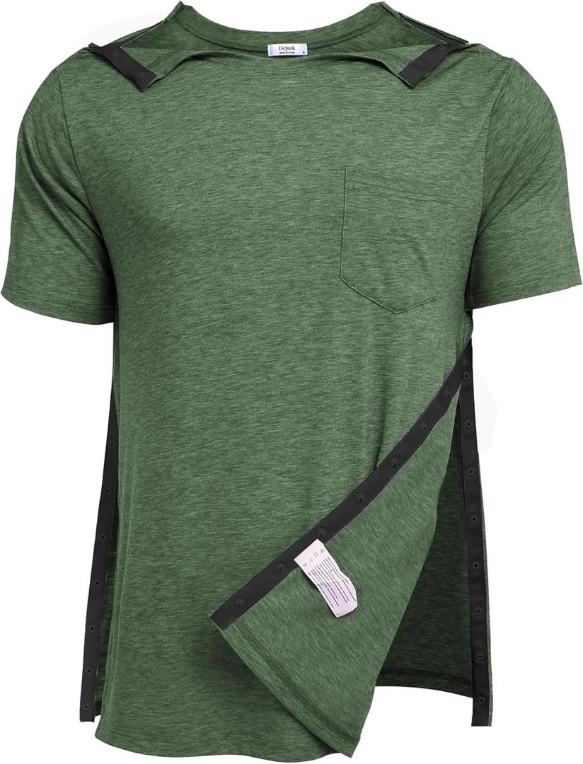 Deyeek Men's Post Shoulder Surgery Shirts Recovery Tear Away Short Sleeve Full Open Side Snap Adaptive Chemo Clothing, Size L