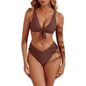geluboao Bikini Sets for Women High Waisted Two Piece Swimsuit Sexy V Neck Tie Kont Push Up High Cut Bathing Suit,Large
