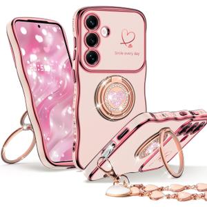for Samsung Galaxy S25 Plus Case with Stand, Double Ring Kickstand Case, Women Girls Cute Curly Wavy Frame Love Heart Glitter Bling Luxury Phone Case for Galaxy S25 Plus Cover, Pink