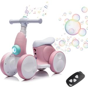 6V Electric Baby Balance Bike for 1 Year Old Boys Girls Ride on Toys 12-36 Months Toddler Balance Bike, 4 Wheels Kids First Bike with Remote Control First Birthday Gifts- Pink