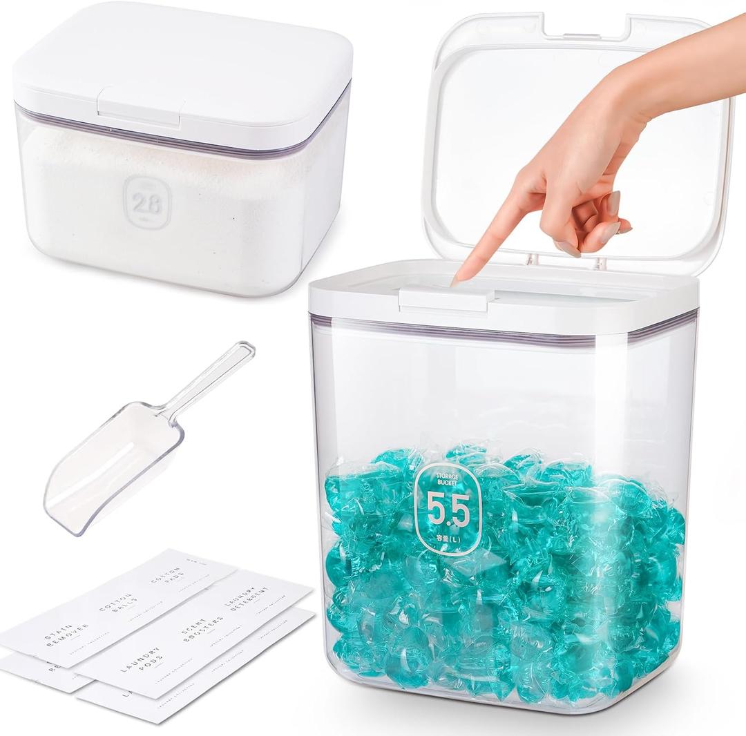 Large Capacity Laundry Powder Container With Pop-Up Lid, 5.5L and 2.8L Detergent Holder for Laundry Pods and Airtight Dishwasher Pod, Storage Container for Dry Food, Rice Flour with Scoop