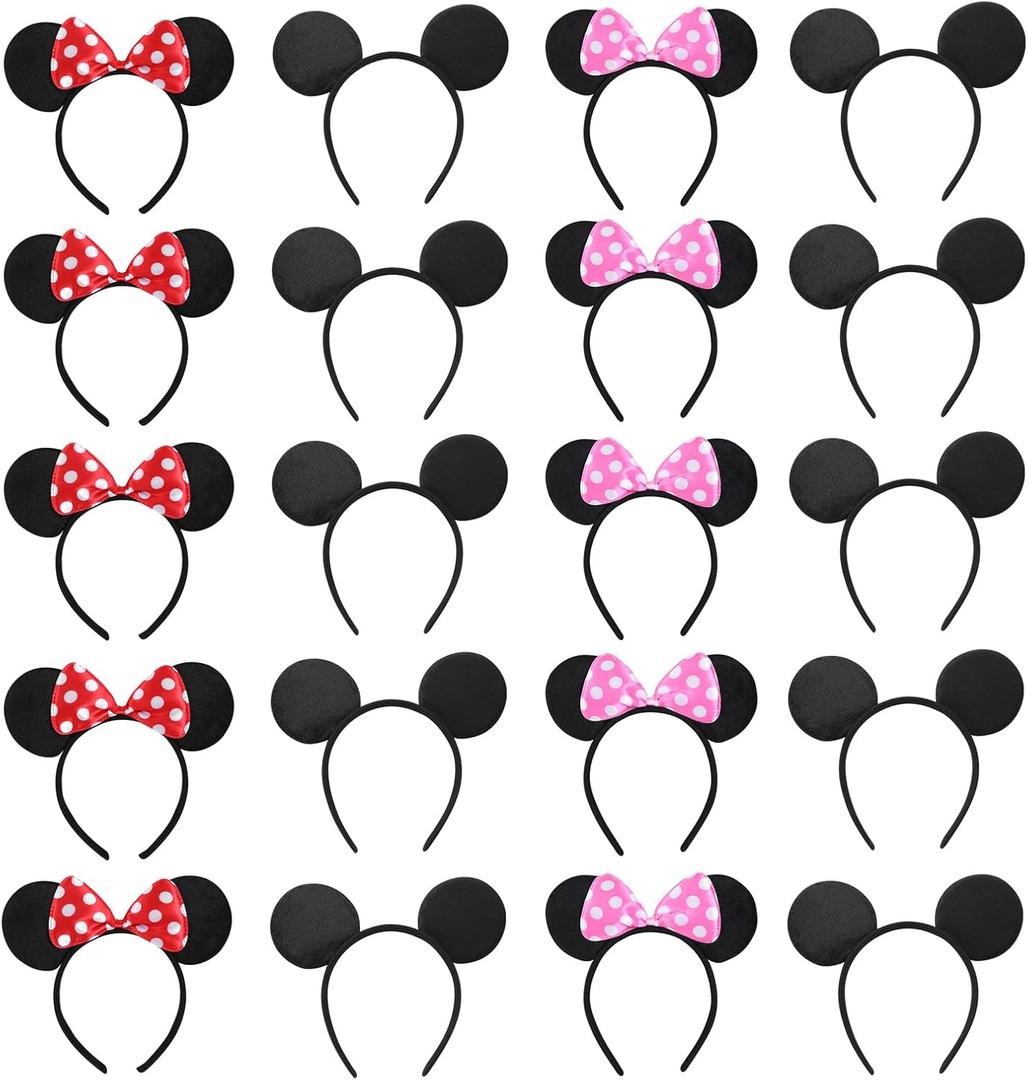 NEWTGAN 20 PCS Mouse Ears Headbands for Birthday Party Theme Park Costume Play Celebration for Boys and Girls (3color)