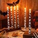 Lounsweer 6 Pcs Halloween Bat Candles 10 Inch White Taper Candlesticks with Black Bat Prints, Dissolvable Real Wax Candles for Halloween Ghost Party Table Decoration