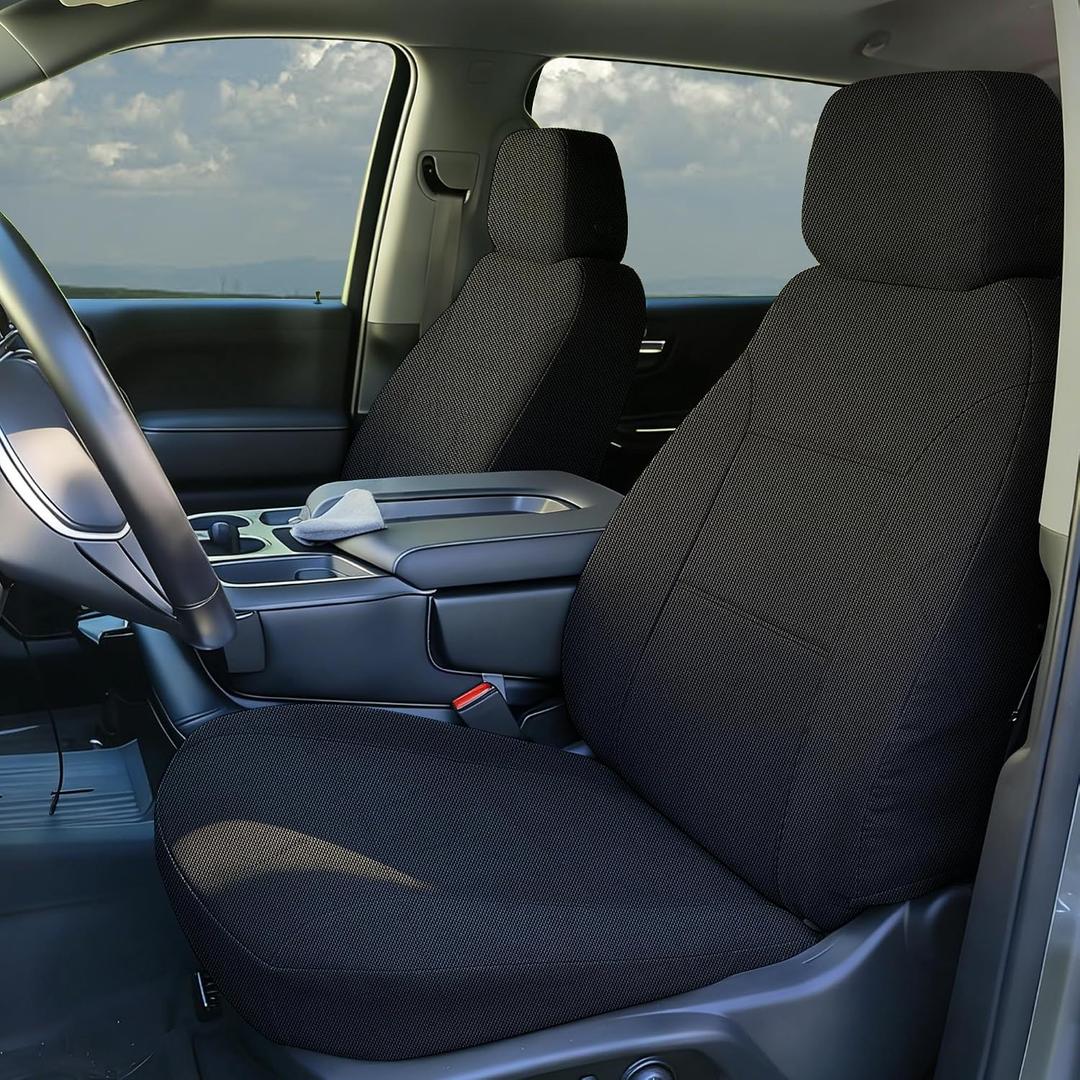 Front and Rear Seat Covers for Chevy Silverado & GMC Sierra 1500 Crew Cab 2019-2026 with Headrest and Rear Cup Holder Composite Sponge Fabric Soft Breathable Comfortable Black