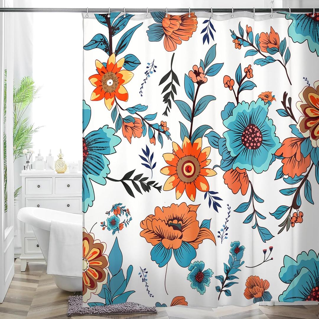 HMS Happy Memories Bohemian Plant Boho Floral Print Shower Curtain, Polyester Fabric Cloth for Bathroom Decor 7272 Inch Standard Size with 12 Hooks, Also as Room Divider (Blue Red Flower)