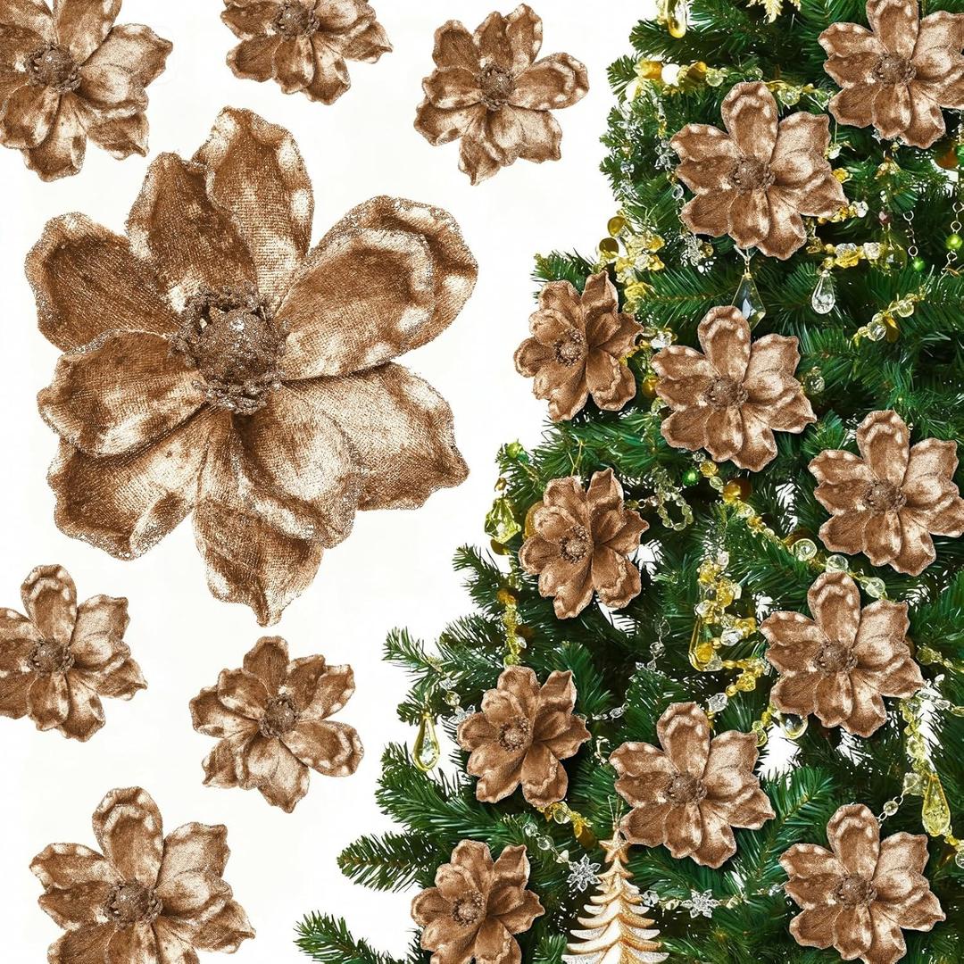 Yuxung 20 Pcs Christmas Glitter Poinsettia Magnolia Flowers Ornaments Large Heads Artificial Magnolia Flowers for Christmas Tree Xmas Wreath Holiday Wedding Decor(Gold)