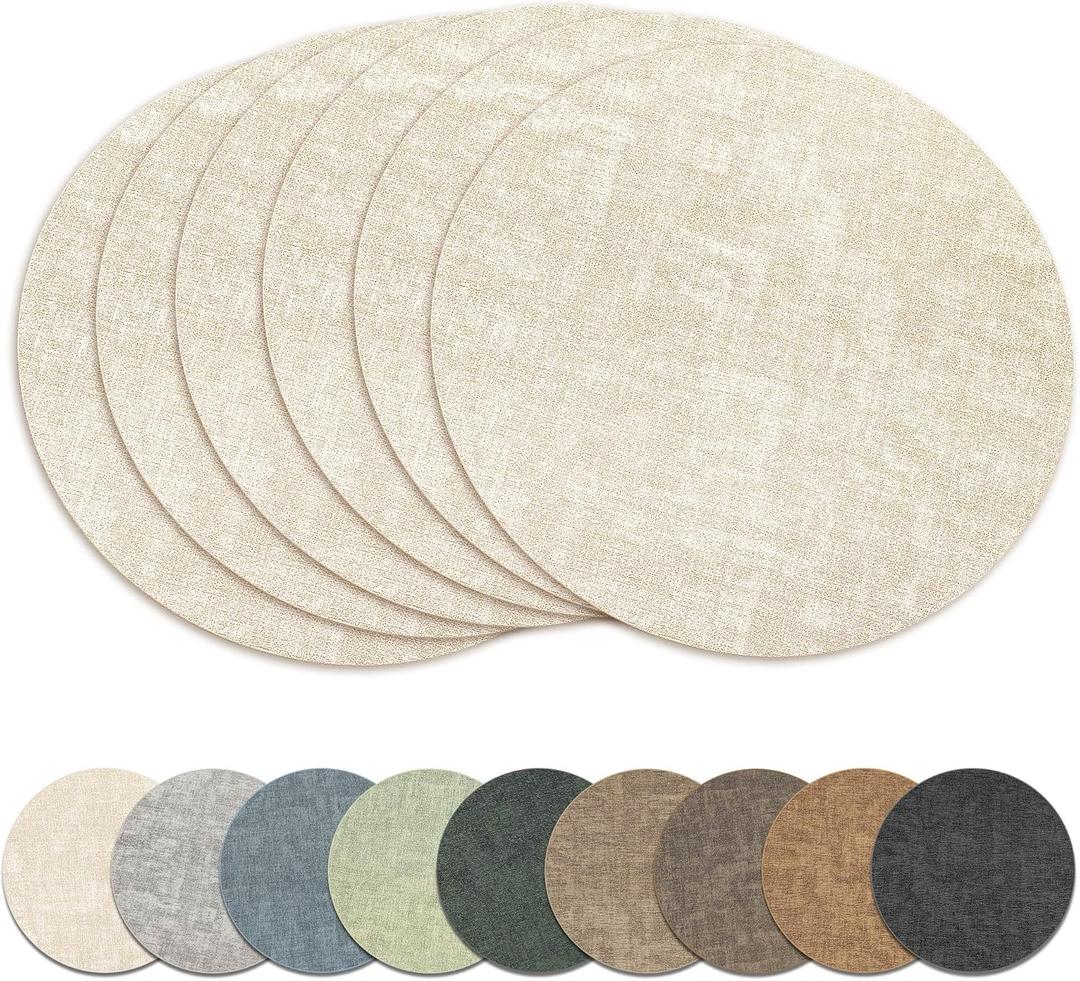 13" Round Placemats Set of 6, Reversible Faux Leather Heat Resistant Table Mats, 100% Waterproof Oilproof Wipeable Table Protective Placemats for Vinyl, Washable for Indoor & Outdoor Use (6, Beige)