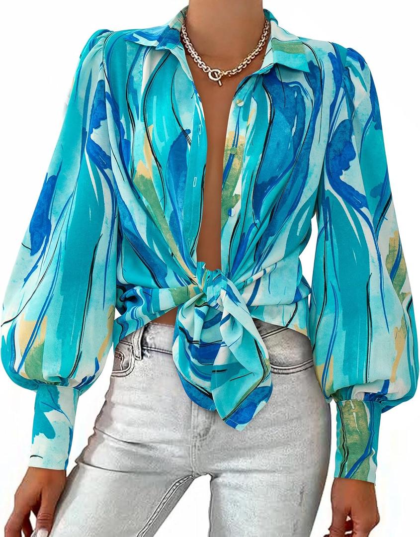 BTFBM Summer Blouses for Women Dressy Casual 2026 Long Sleeve Button Down Shirt V Neck Boho Spring Tops Fashion Clothing, X-Large