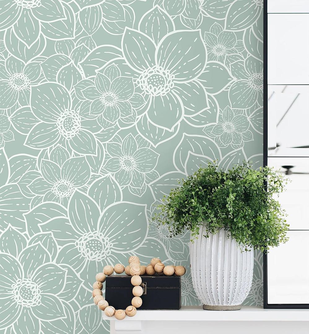 Guvana Peel and Stick Wallpaper Floral Wall Paper Boho Grayish Green and White Removable Self Adhesive Wallpaper for Bedroom Bathroom Contact Papaer for Cabinet Waterproof Vinyl Roll 17.3"197"