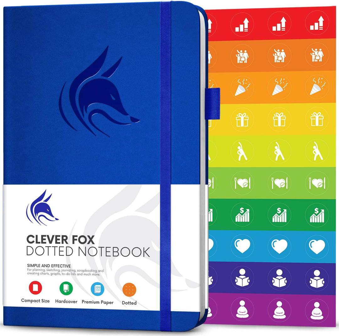 Clever Fox Dotted Notebook  Dot Grid Bullet Numbered Pages Hard Cover Notebook Journal With Thick 120g Paper and Pen Loop, Stickers, 3 Bookmarks, Smooth Faux Leather, 5'' x 8.25'' - Royal Blue