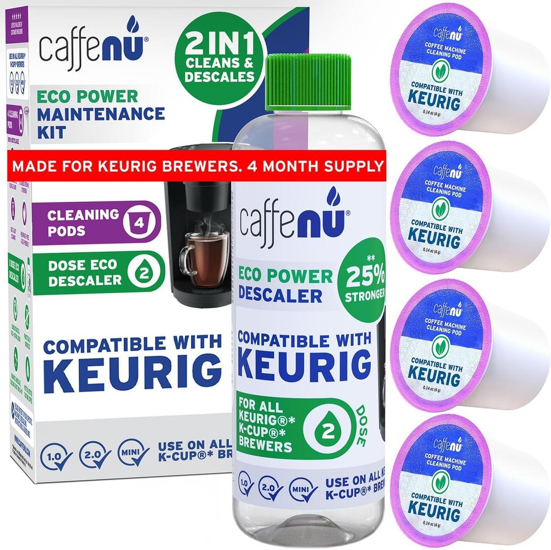 Keurig Compatible Descaling Solution and Keurig Cleaner Pods. Removes Limescale & Cleans Pod Area. Better Tasting & Hotter Coffee. 4 Uses of Descaler & Cleaner.