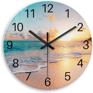 Analog Round Wall Clock for Living Room Decor Glass Blue Wall Clock Silent Beach Coastal Wall Clock Battery Operated 14 Inch