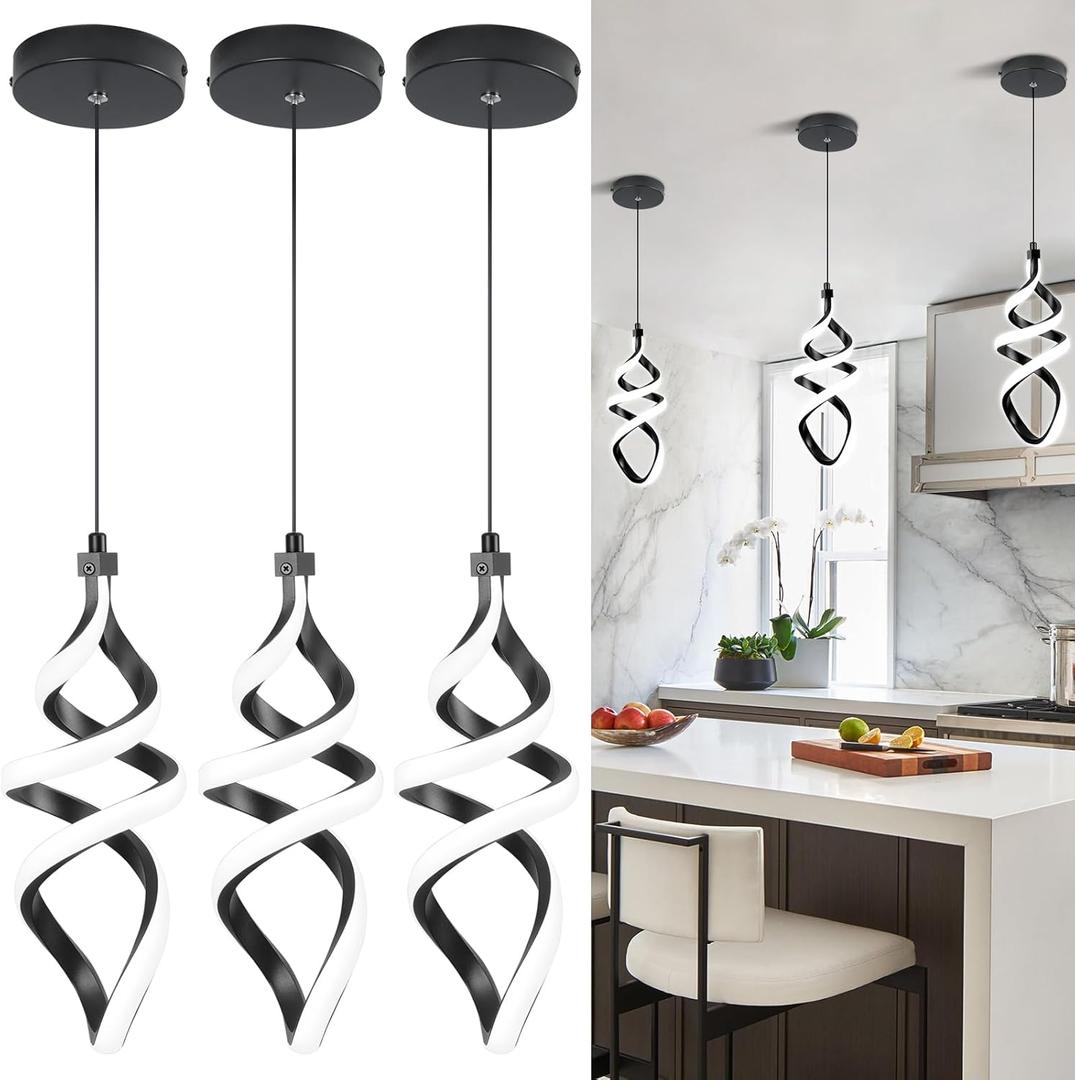 Modern Led Pendant Light Fixture, 15W Chrome Spiral Led Chandelier Hanging Lamp, 4500K Daylight White Pendant Lamp, Adjustable Height Pendant Light for Kitchen Dining Room Bedroom Kitchen Island Cafe (3 Pack, Black)