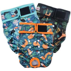 Washable Dog Diapers (3 Pack), Reusable Dog Diapers for Doggie Heat Period, Reusable Doggie Diaper for Female Dogs (Giraffe, Tucan, Fox, X-Large)