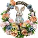 16 Inch Spring Easter Wreath with Artificial Easter Bunny. Rabbit Wreath for Front Door Farmhouse Bunny Decorations with Silk Tulips Roses Grapevine for Home Door Garden Party Decorations