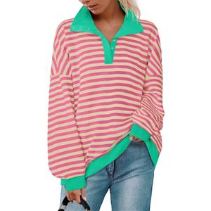 ZESICA Sweatshirts for Womens Long Sleeve Lapel V Neck Striped Oversized Tops (Small, Pink)