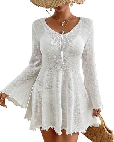 Bsubseach Crochet Bathing Suit Cover Up for Women Long Sleeve Knit Swimsuit Coverups Sexy Sun Dress White XL