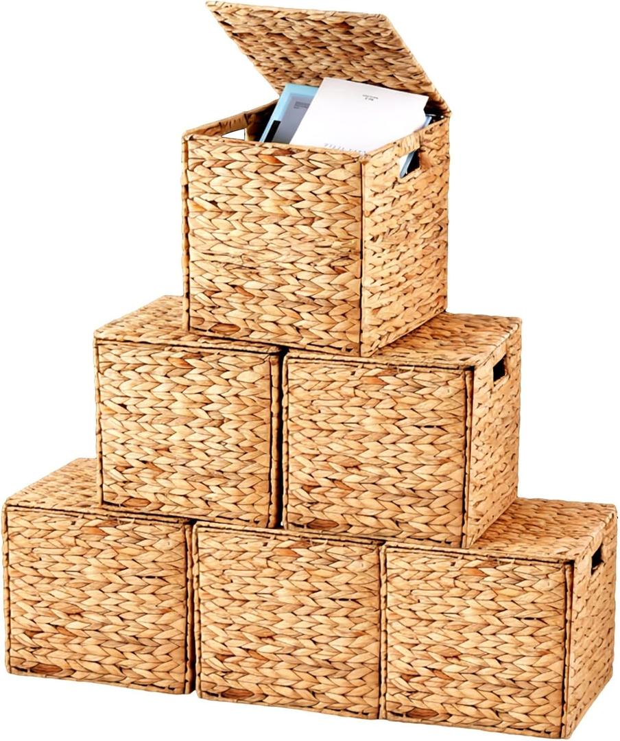 Jinei 6 Pcs Wicker Storage Basket with Lid Bulk 12 x 12 x 12 Inch Handwoven Water Hyacinth Cube Bin with Handles Woven Laundry for Organizer Shelves Wood Color