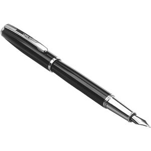 Refillable Fountain Pen with Smooth Writing, Medium Point, Black Metal Barrel, Black Ink, 2 Replacement Cartridges