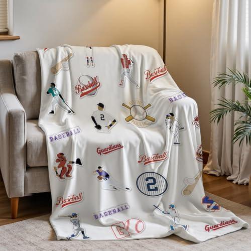 Jeyfull Baseball Throw Blanket 50x60 White Sports Theme with Bats Balls Pitcher Designs Player Numbers Soft Fleece Blanket for Sofa Bed Baseball Fan Gift for Men Kids (Christmas Game Night)