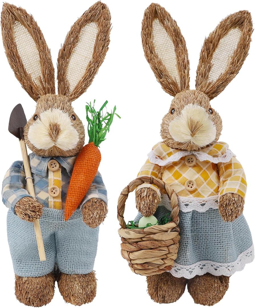 DR.DUDU Set of 2 Easter Decorations 13" Bunny Figurines Tabletop Spring Decor, Rustic Straw Bunny Couple with Carrot, Sisal Rabbit Statues Ornaments for Table Home Office Kitchen Farmhouse