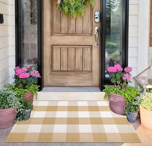 Front Door Mat Outdoor 24''x35''Khaki and White Washable Entryway Rugs Cotton Farmhouse Layered Doormat for Hello/Welcome Entryway,Porch,Bedroom,Bathroom