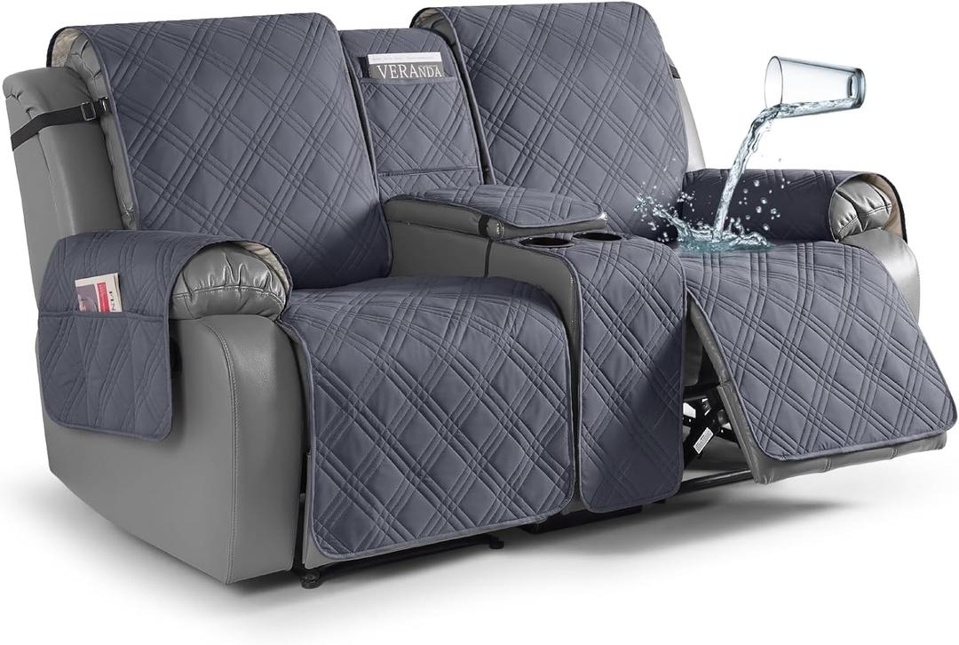 TAOCOCO Loveseat Recliner Cover with Console, Non-Slip Split Reclining Pet Cover for Dual Loveseat Recliner, Furniture Protector with Elastic Straps (2 Seater, Dark Grey)