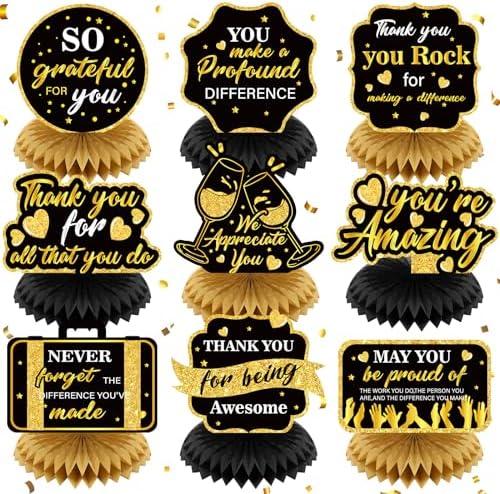 RUMIA 9Pcs We Appreciate You Decorations Black Gold Thank You Table Honeycomb Centerpieces Appreciate Table Topper Decor for Teacher Doctor Nurse Employee Staff Graduation Appreciation Party Supplies