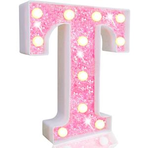 Pooqla LED Marquee Letter Lights, Light Up Pink Letters Glitter Alphabet Sign Battery Powered for Night Light Birthday Party Wedding Girls Gifts Home Bar Christmas Decoration, Pink Letter T