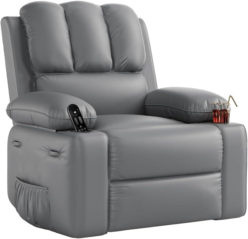 GarveeHome Recliner Chair, 360 Swivel Rocker Recliners with Heat & Massage, Soft Lazy Boy Recliner Chair with 2 Cup Holders and Side Pocket for Living Room Bedrooms and Nurseries -Grey