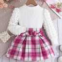 Toddler Girls Clothes Sets: Puff Sleeve Tops Plaid Mini Skirts Skirt Set 2 Piece Fall Winter Outfits 2-8 Years (Purple)