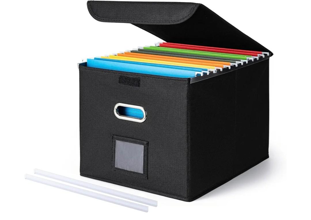 CADONO File Organizer Box with Lid, Large Hanging File Folder Organizer with Plastic Slide, Collapsible Portable Filing Storage Boxes for Office/Decor/Home (Black, 14.9 x 12.59 x 10.8 inch)