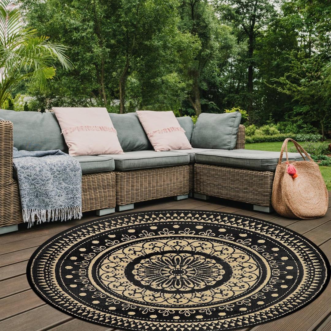 Cekene Round Outdoor Rugs Waterproof 6Ft Reversible Outdoor Patio Rugs Portable RV Camping Mats Lightweight Plastic Straw Rugs Outdoor Area Rug for Patio Picnic Beach BBQ, Black/Camel