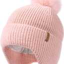 Camptrace Toddler Baby Winter Hat Warm Fleece Lined Knit Kids Hat with Earflap Infant Newborn Pom Beanie Knit Cap Girls Boys (6-24 Months, Pink)