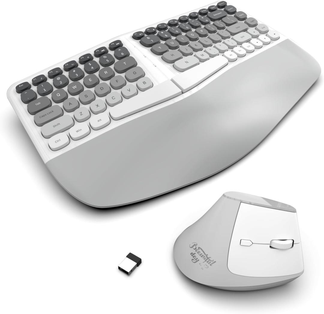 Ergonomic Wireless Keyboard and Mouse Set Creamy Wireless Keyboard Silent Mice Set with Wrist Rest for Computer, Laptop, PC, Mac, Windows (Gray White)