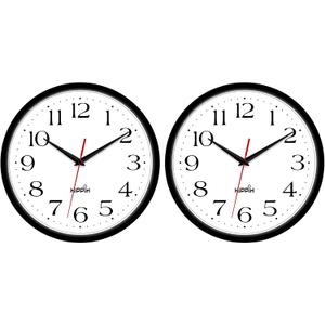 HIPPIH 2 Pack Silent Wall Clock, 10 Inch Non Ticking Quiet Digital Sweep Decorative Battery Operated Wall Clocks for Living Room Bedroom Kitchen School Office Decor, Black (With Red Second Hand)