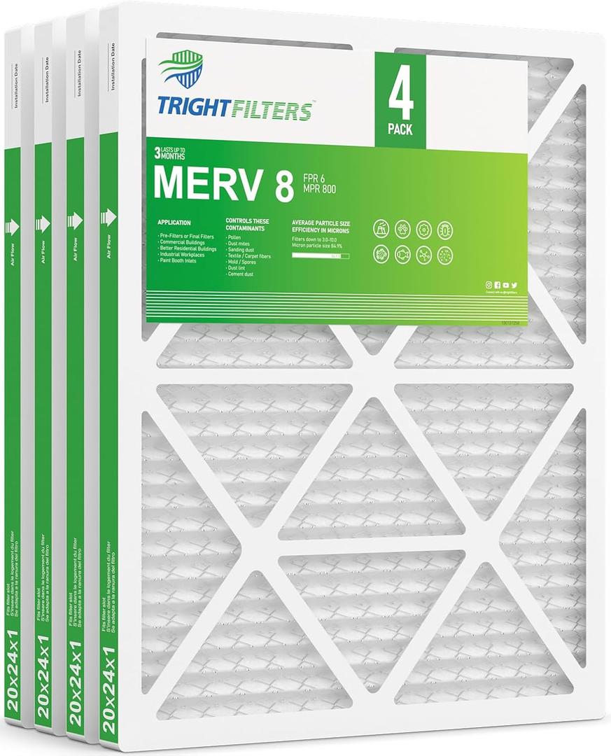 20x24x1 Air Filter 4 Pack, MERV 8 Pleated Dust Defense Air Filters Replacement Air Conditioner HVAC AC Furnace Filter, Durable and Lightweight