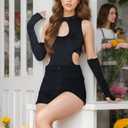 Black Rave Outfit for Women Streetwear Hollow Out Y2K Outfits Long Sleeve Cutout Bodysuit