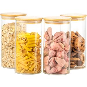 4 Pack 42oz Glass Jars with Bamboo Lids,Glass Storage Containers with Lids,Clear Airtight Food Storage Jar for Flour,Oat,Coffee,Tea,Sugar,Cookies,Pantry Organizers 3mm Thick Canisters