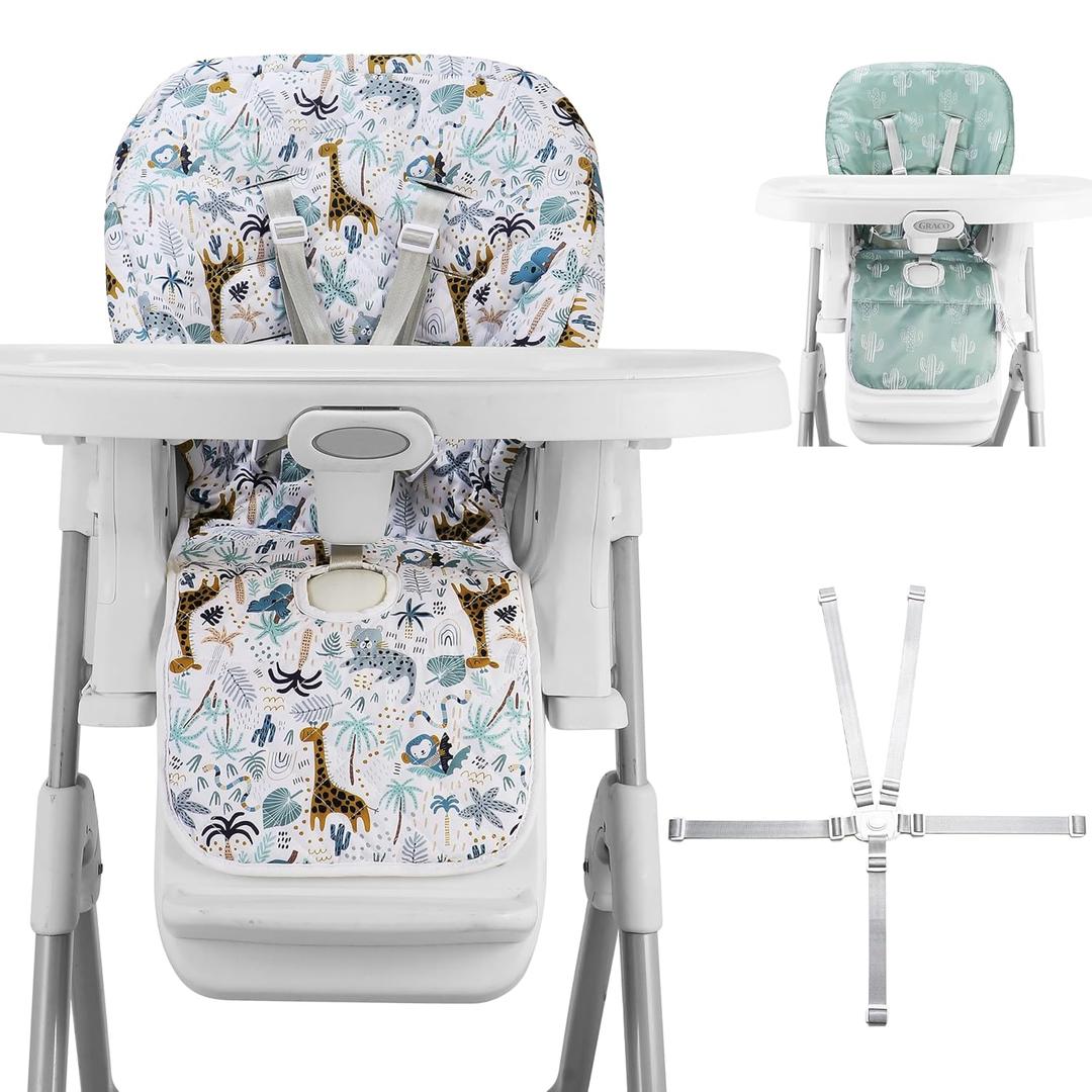 Baby High Chair Cover Replacement, Reversible & Waterproof High Chair Cushion Pad Home & Restaurant use, Includes 5-Point Harness Strap, Chair Not Included - Green