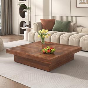 Merax 39.4'' Square Coffee Table, Sliding Top with Ample Storage, Walnut Grain Veneer Finish Modern Center Tables for Living Room Apartment, Walnut