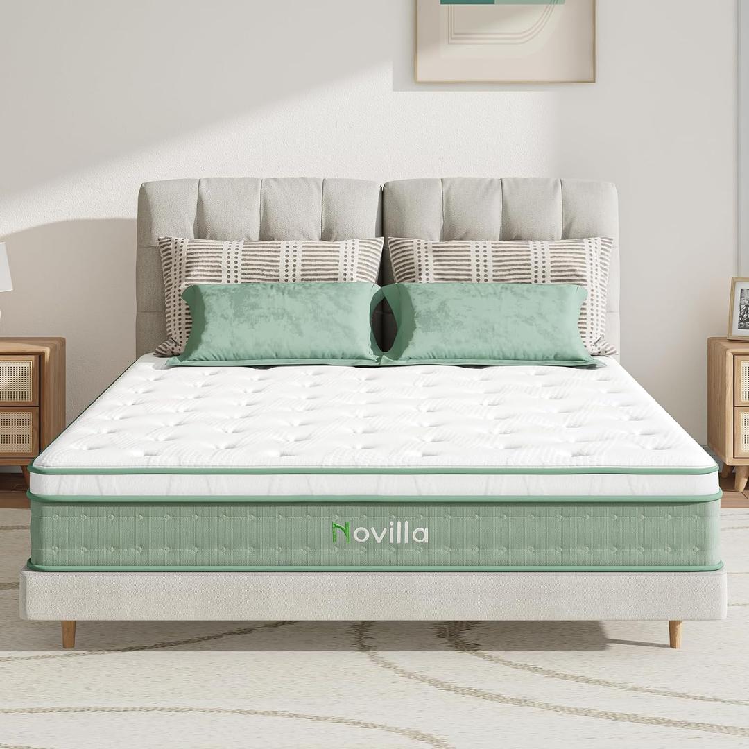 Novilla Queen Size Mattress, 10 Inch Hybrid Mattress in a Box, Foam with Individual Pocket Coils for Quality Sleep, Pillow Top Queen Mattresses with Quilted Cover, Release Pressure (White&Green)