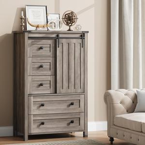 Garvee Dresser for Bedroom with 5 Drawers, 48" Tall Chest of Drawers, Wooden Closet Dresser with Storage Cabinet, Grey Farmhouse Dresser Organizer with Handles for Living Room, Hallway, Entryway - Grey